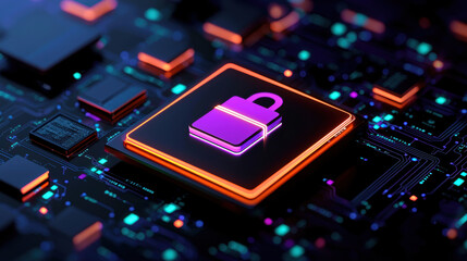 Cybersecurity solutions promoted through digital marketing banners, Close-up of a digital circuit board featuring a futuristic lock icon, illustrating cybersecurity and technology themes.