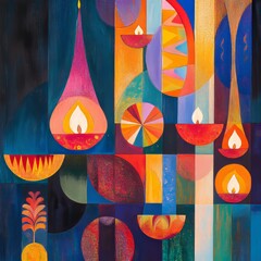 Colorful abstract painting featuring geometric shapes and glowing candles, creating a vibrant and dynamic visual experience.