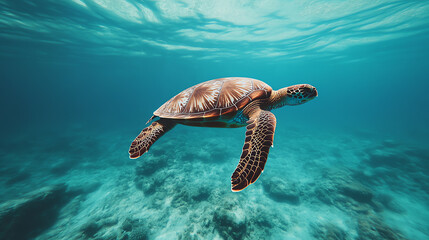 Fototapeta premium A graceful sea turtle gliding through crystal clear waters, showcasing its vibrant shell against the serene ocean backdrop. A captivating marine life moment full of tranquility.