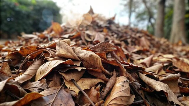 pile of dry leaves in forest with clear sky