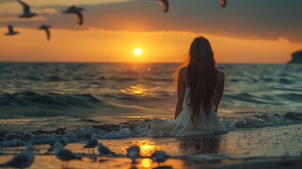 Fototapeta premium A girl with long hair sits on the beach, watching seagulls and sunset.