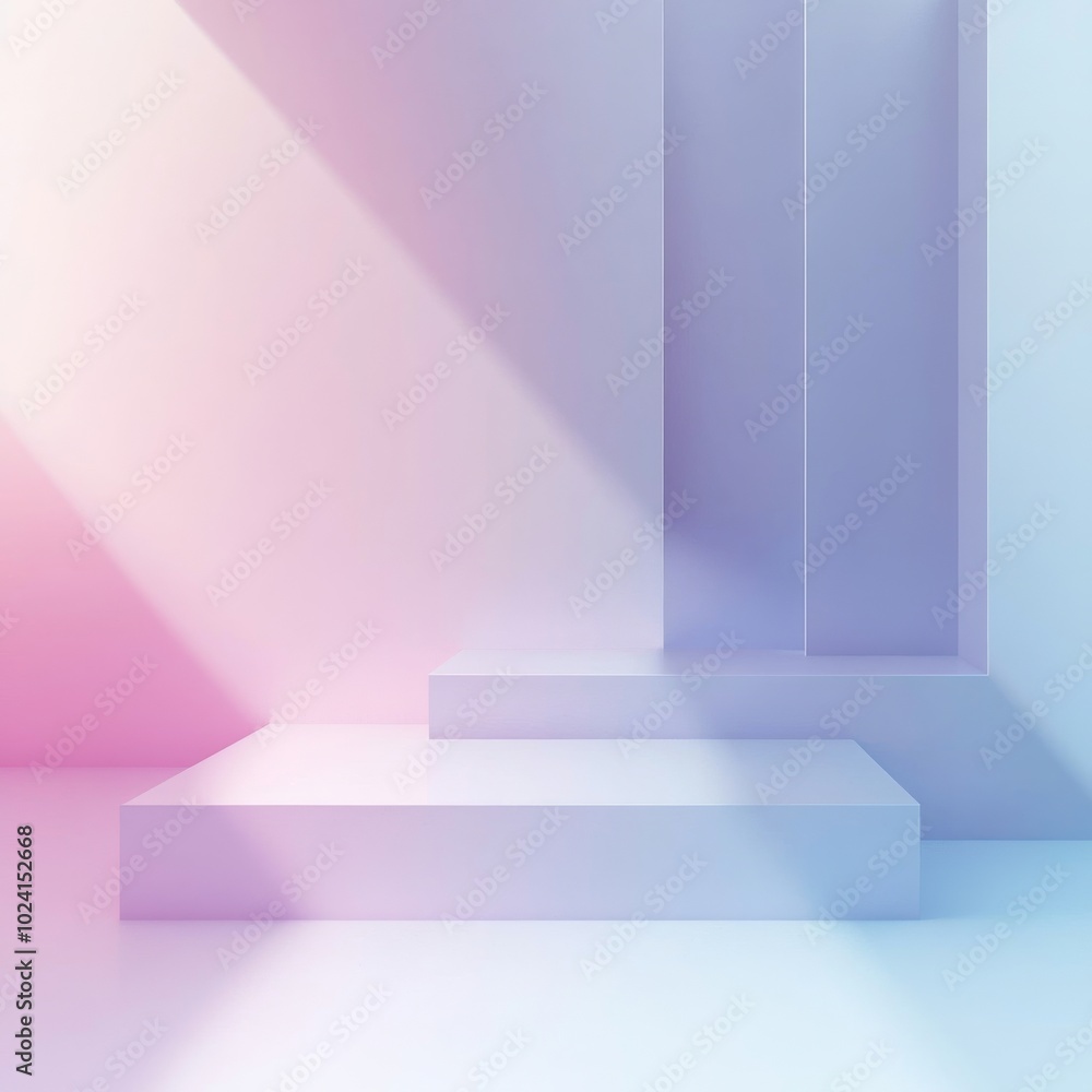 Poster a blue and pink background with a white and blue structure in the middle. the structure is a podium 