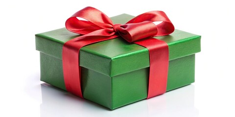 Obraz premium Low angle view of a green and red gift box with ribbon and bow isolated on white background