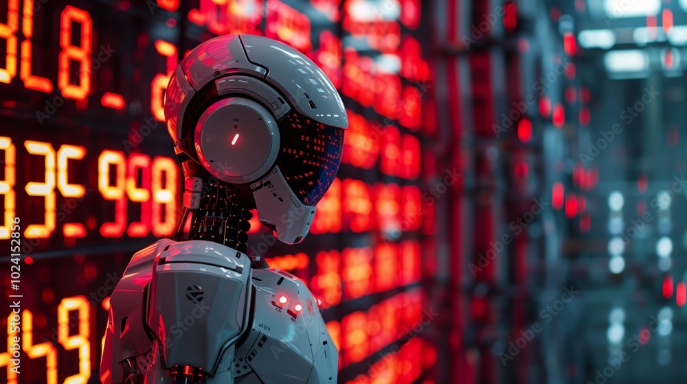 Aufkleber a robot is standing in front of the stock trading board, displaying real-time global financial data 