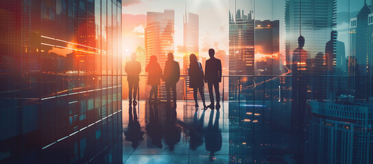 Corporate Professionals Collaborating in Office Building with Cityscape Silhouettes, Emphasizing Teamwork and Unity