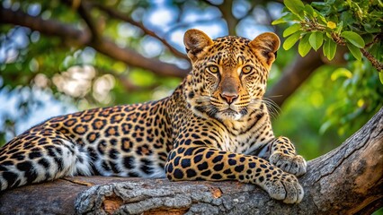 Fototapeta premium Low angle view of a Leopard resting on a tree branch obscured by foliage