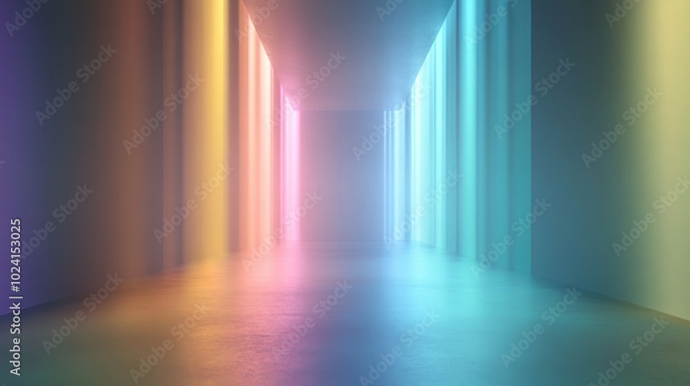 Canvas Prints A long hallway with colorful lights shining down on the floor