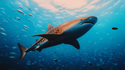 Fototapeta premium A majestic whale shark gracefully gliding through the clear, blue ocean. Its distinctive patterned skin stands out against a backdrop of assorted marine life.