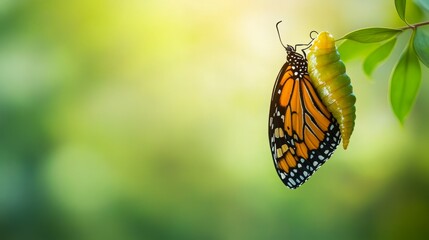 A monarch butterfly emerges from its chrysalis, showcasing the beauty of transformation.