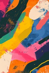 A colorful painting with many different colors and brush strokes. The painting is abstract and has a lot of energy