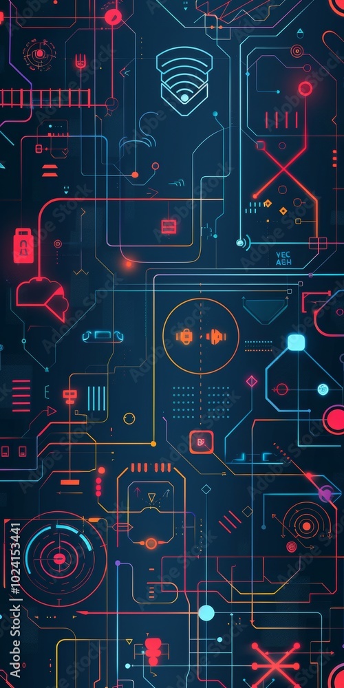 Poster abstract pattern with cybersecurity symbols.
