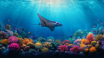 A majestic manta ray gliding smoothly through vibrant coral reefs, showcasing the beauty of marine life and underwater ecosystems, illuminated by sunbeams streaming from above.