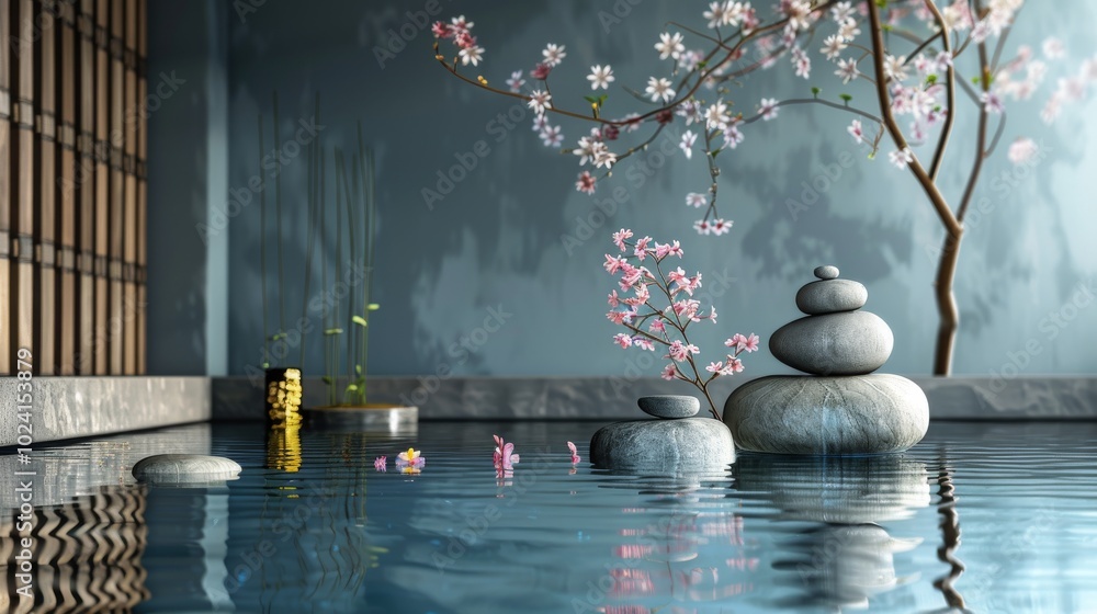 Poster a serene and peaceful scene of a pond with a tree and rocks in the foreground. the water is calm and