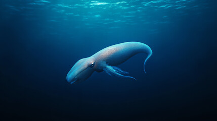 Fototapeta premium A mesmerizing underwater scene featuring a graceful octopus swimming in deep blue waters, showcasing the beauty of marine life and the tranquility of ocean environments.