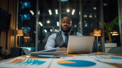 Fototapeta premium Focused businessman at desk with financial documents and laptop displaying earnings reports, conveying determination and attention to financial data analysis.