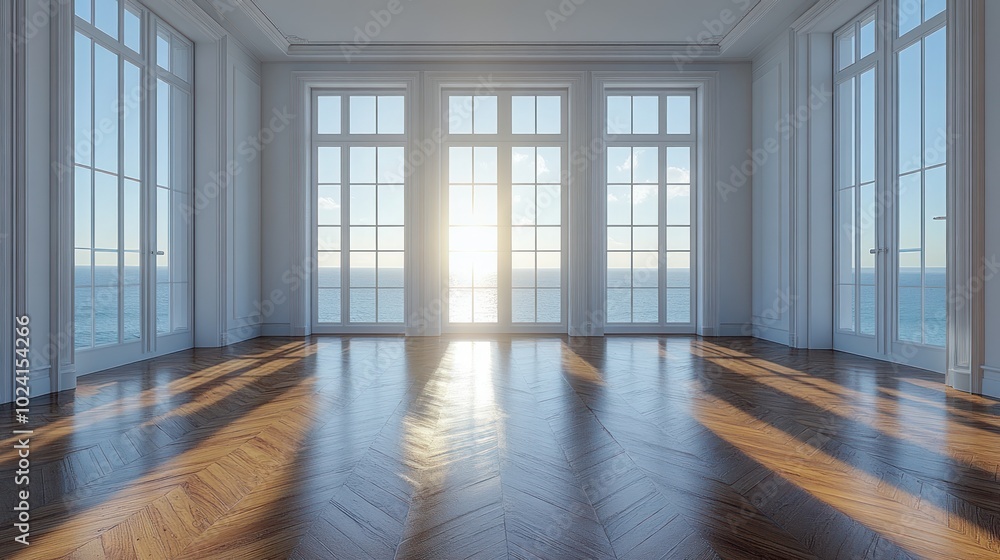 Poster empty room with large windows overlooking the ocean, sunlight streams in.