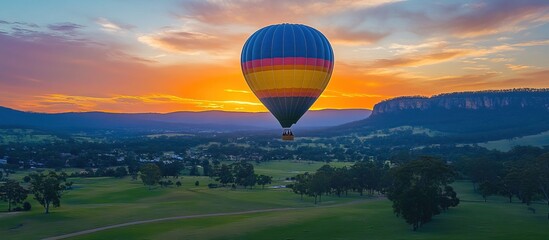 Obraz premium Hot Air Balloon Soaring Above a Valley at Sunrise