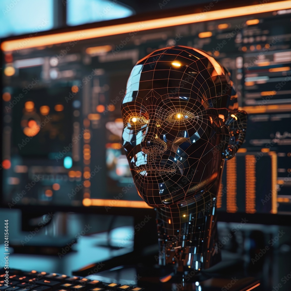 Poster a high-tech ai robot head with glowing lights and digital interface displayed on a computer screen i