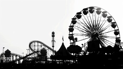 Artistic composition of amusement park attractions, captured in silhouette against a bright white background