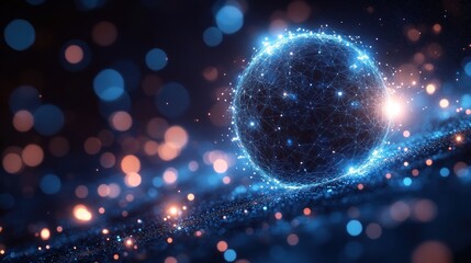 Abstract glowing sphere with connected lines and dots on a dark background.
