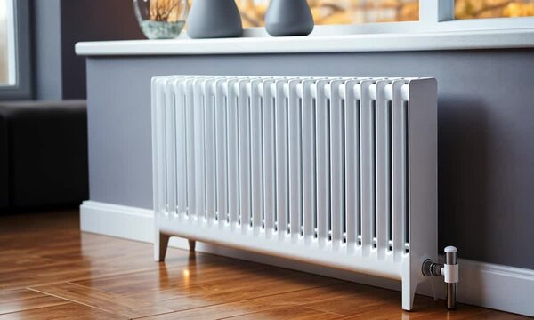 A modern white radiator placed in a stylish living room, providing warmth and comfort with a minimalistic design.