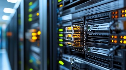 Close-up of server racks with glowing lights in a modern data center.