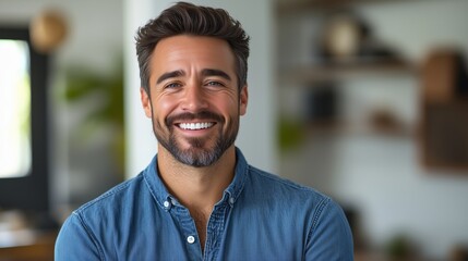 Naklejka premium Portrait of a happy handsome man in a shirt with laughing