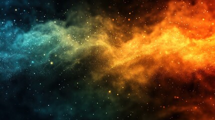 A deep space nebula with swirling clouds of gas and dust in shades of blue, green, and orange, illuminated by distant stars.