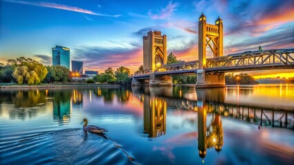 Stunning Night Photography of Gold Tower Bridge in Sacramento at Blue Sunset with Downtown and Goose on Log