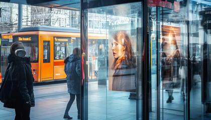 Fototapeta premium Capture people through glass surfaces that have multiple layers of reflection, such as shop windows or bus stops, creating a blend of interior and exterior worlds overlapping with the person