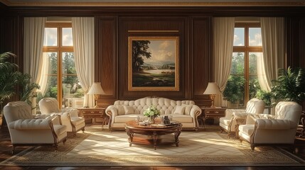 Elegant living room with classic furniture and natural light.