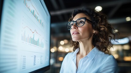 Focused woman analyzing data on a computer screen in a modern office setting.