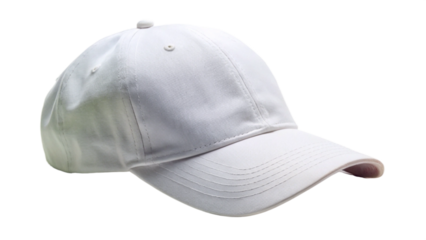 A simple white baseball cap is displayed against a neutral background. The cap features a classic design with a curved brim and adjustable back, making it a versatile accessory for various outfits and