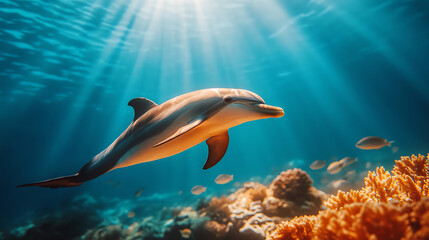 Fototapeta premium A vibrant dolphin swimming gracefully beneath serene waters, illuminated by sunbeams, showcasing underwater life and colorful coral reefs.