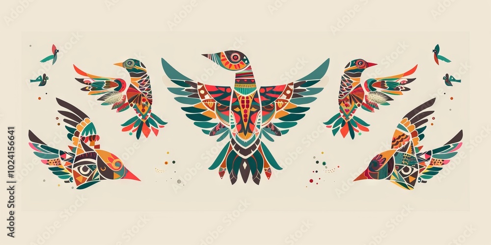 Poster bird heads adorned with colorful tribal patterns in a layout.
