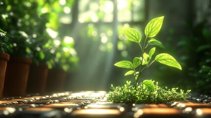 A vibrant green plant growing in a sunlit indoor garden.