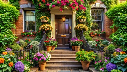 Fototapeta premium Stunning Urban Home Entrance in Bloom with Lush Greenery and Vibrant Flowers - Generative AI Design Inspiration