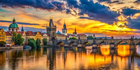 Stunning View of Charles Bridge in Prague, Czech Republic at Sunset, Showcasing Historic Architecture and Beautiful