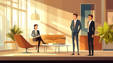 Business characters collaborating in an office, vector illustration with modern furniture and a professional setting