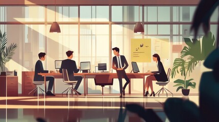 Obraz premium Business characters collaborating in an open office space, vector illustration with a focus on teamwork and productivity