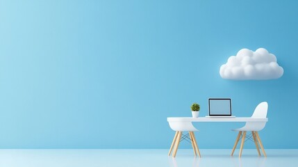 Minimalist workspace with laptop, plant, and cloud on blue wall.