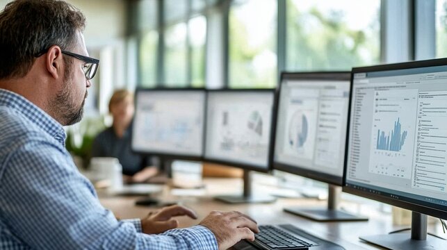 Man working at multiple computer screens analyzing data in modern office.