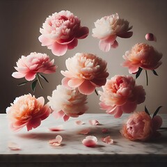 Floating Peonies in Full Bloom Gracefully Hover Over a Marble Surface, Their Soft Pink and Coral Petals Unfolding to Create a Timeless, Elegant Display of Natural Floral Beauty.
