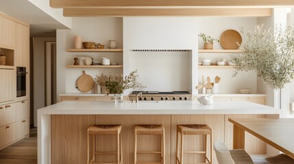 A Scandinavian-style kitchen with light wood accents, minimalist decor, and clean, white surfaces