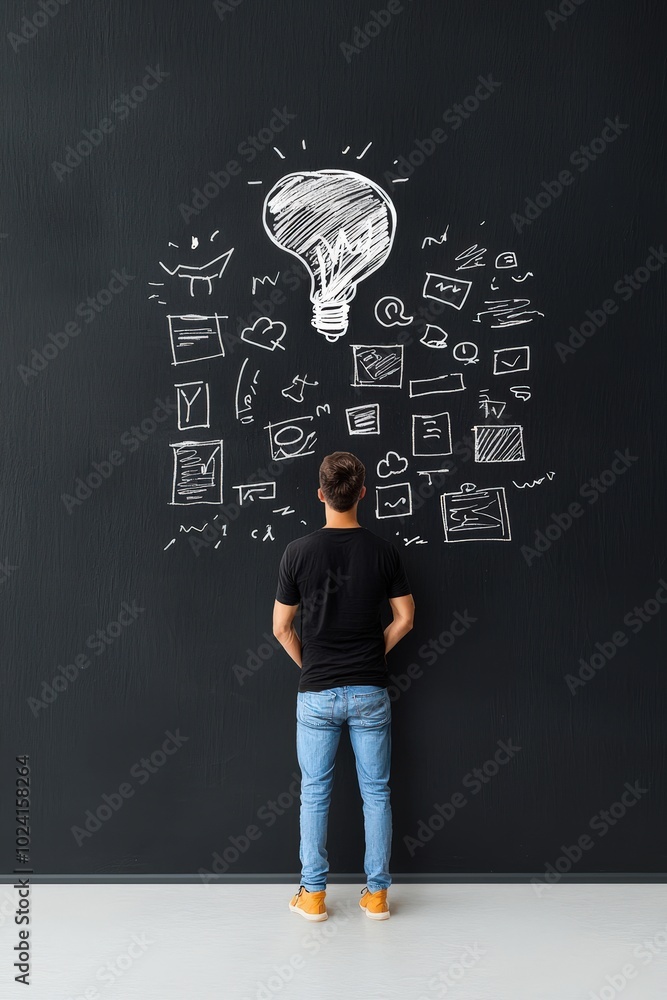 Poster a person standing in front of a blackboard filled with ideas, symbolizing a brainstorming session.