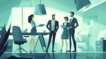 Business characters vector illustration, depicting teamwork and collaboration in a professional office environment