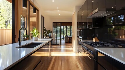 A modern kitchen with glossy black cabinets, quartz countertops, and an integrated stovetop