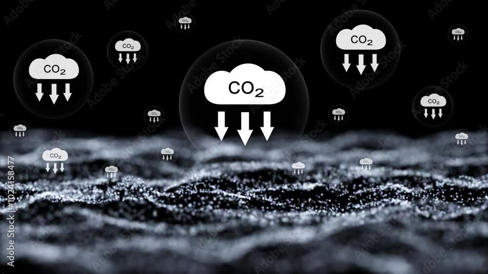 Poster abstract loop digital waves with carbon dioxide icons on black background.