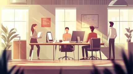 Business characters working in office vector illustration, showing a modern workspace with digital tools
