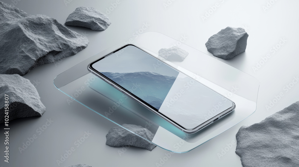 Poster a realistic phone mockup with a clear screen, perfect for showcasing app designs. the phone appears 